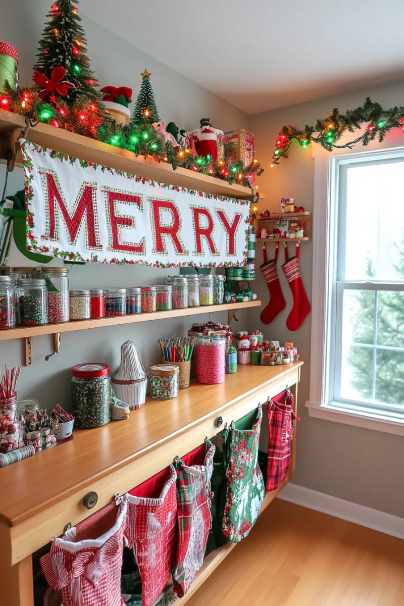 embroidered “merry” banner using vintage christmas fabric and thread 1