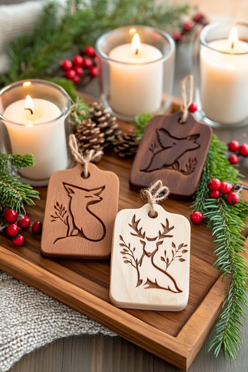 21 Wooden Christmas Ornament Ideas for a Warm and Natural Holiday Decor 20 engraved woodland wildlife silhouette ornaments in birch, cherry, and walnut 1