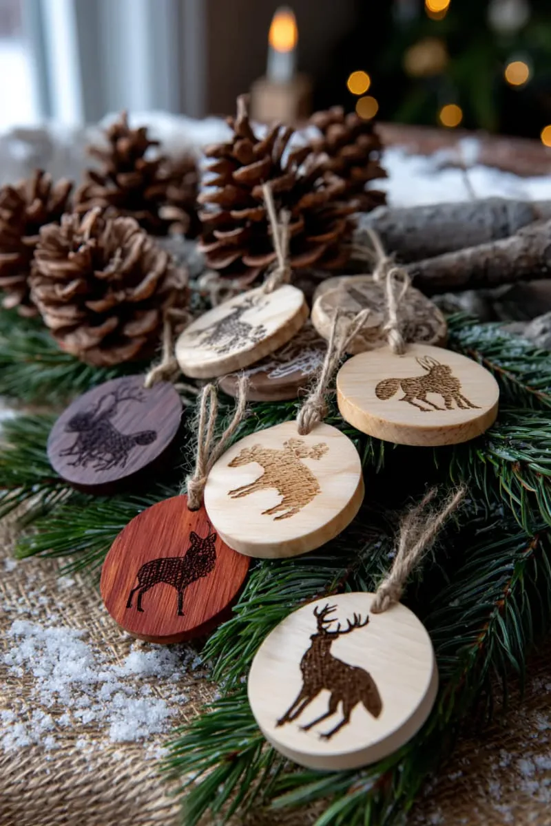 engraved woodland wildlife silhouette ornaments in birch, cherry, and walnut 1