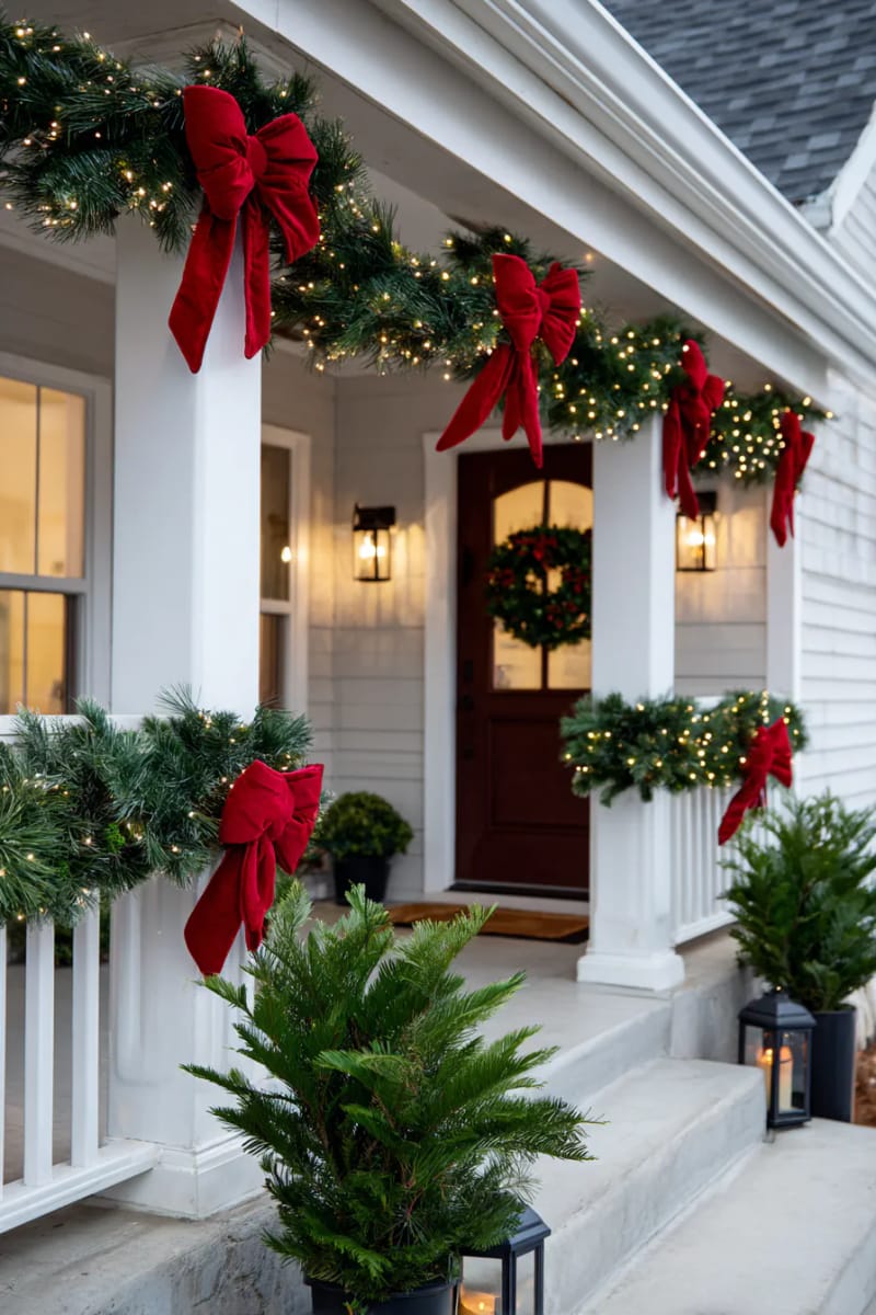 evergreen garland with dramatic oversized red velvet bows and twinkling fairy lights 1