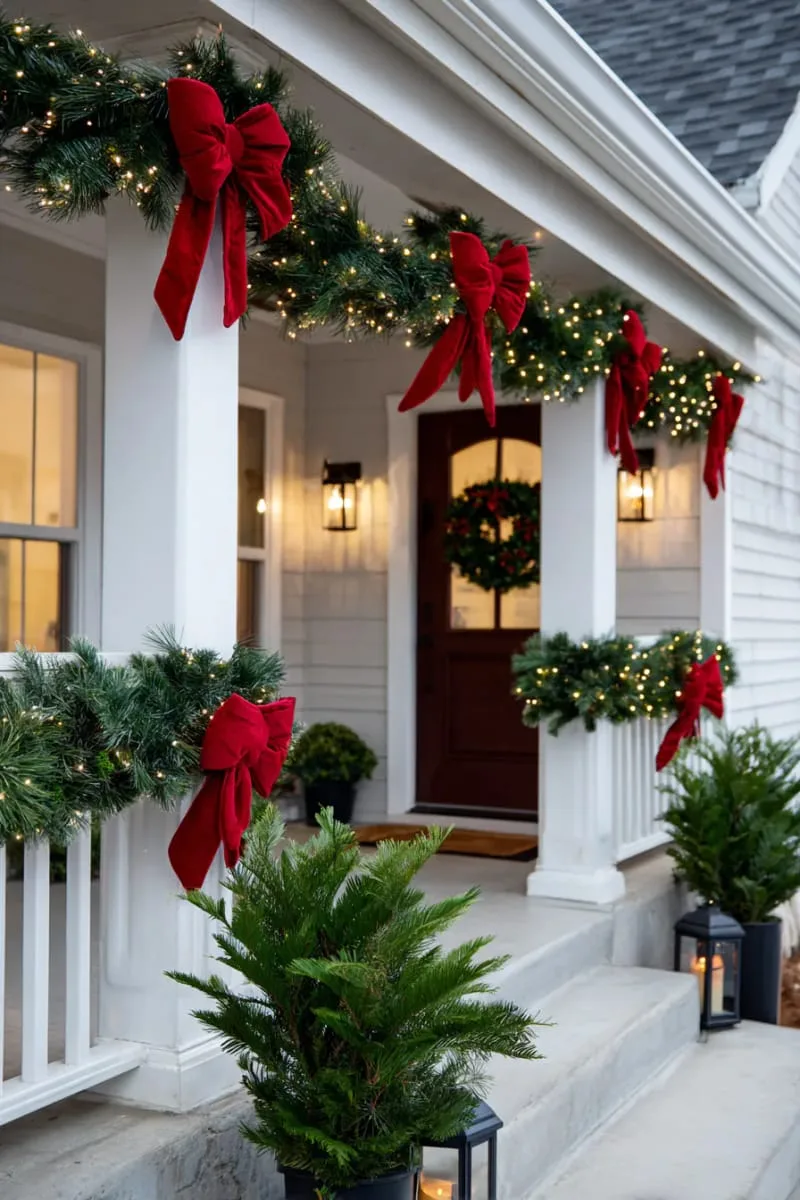 evergreen garland with dramatic oversized red velvet bows and twinkling fairy lights 1