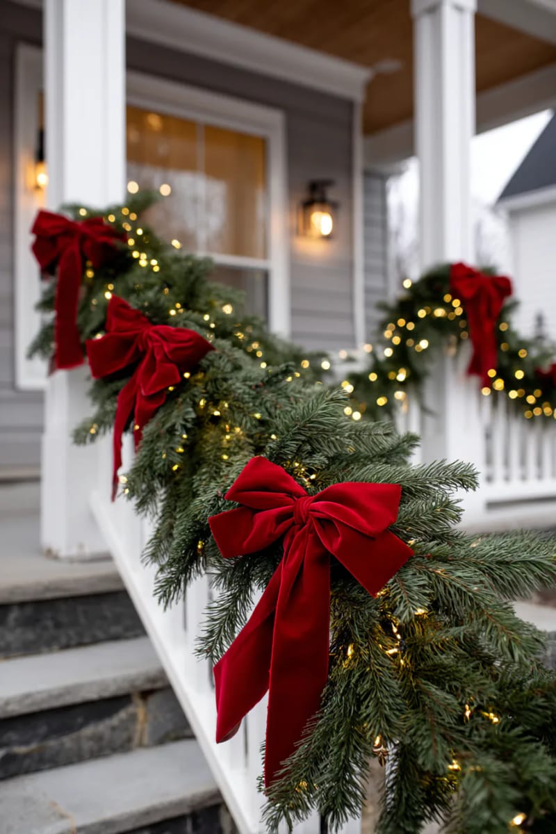 evergreen garland with dramatic oversized red velvet bows and twinkling fairy lights 1