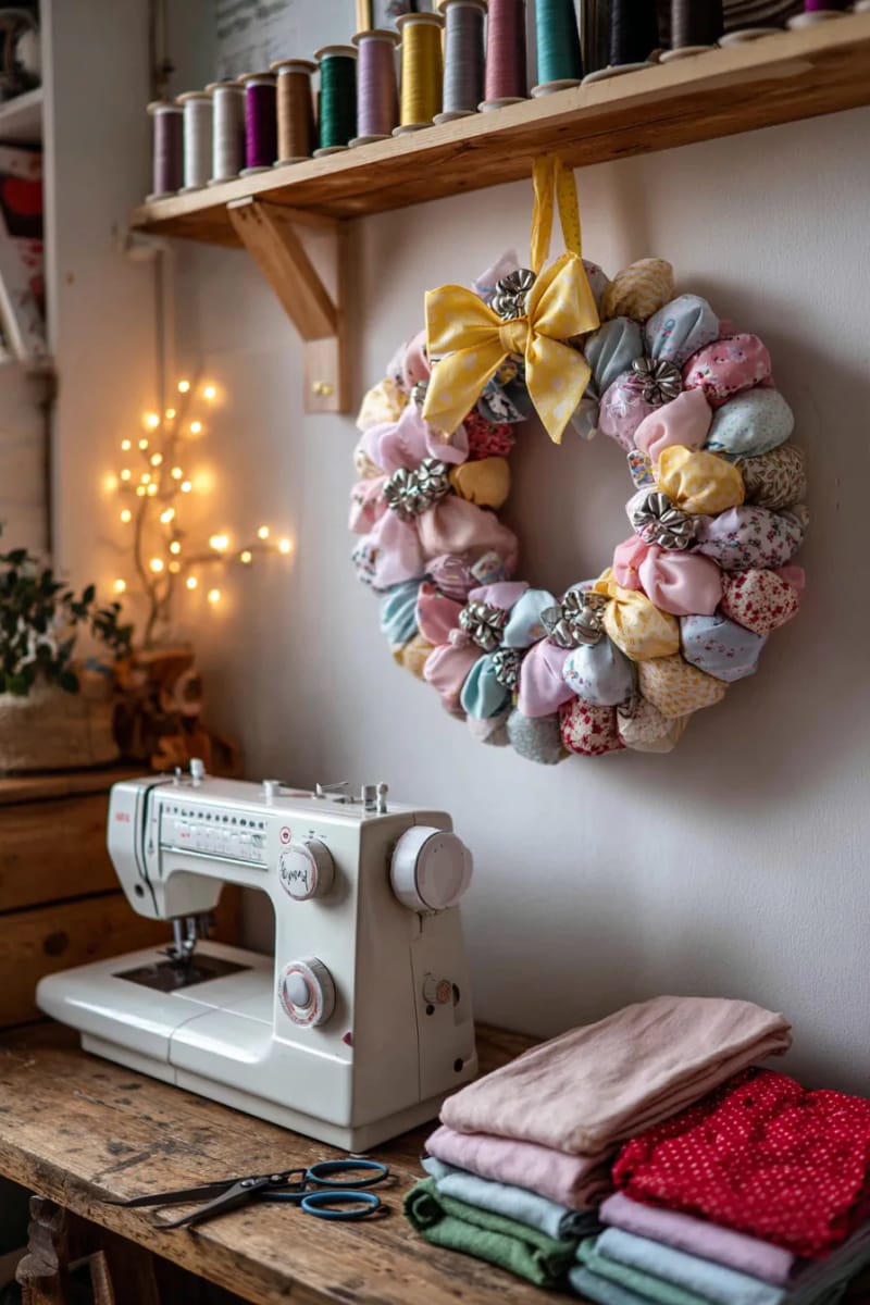 fabric scrap wreath adorned with thimbles and measuring tape bows 1