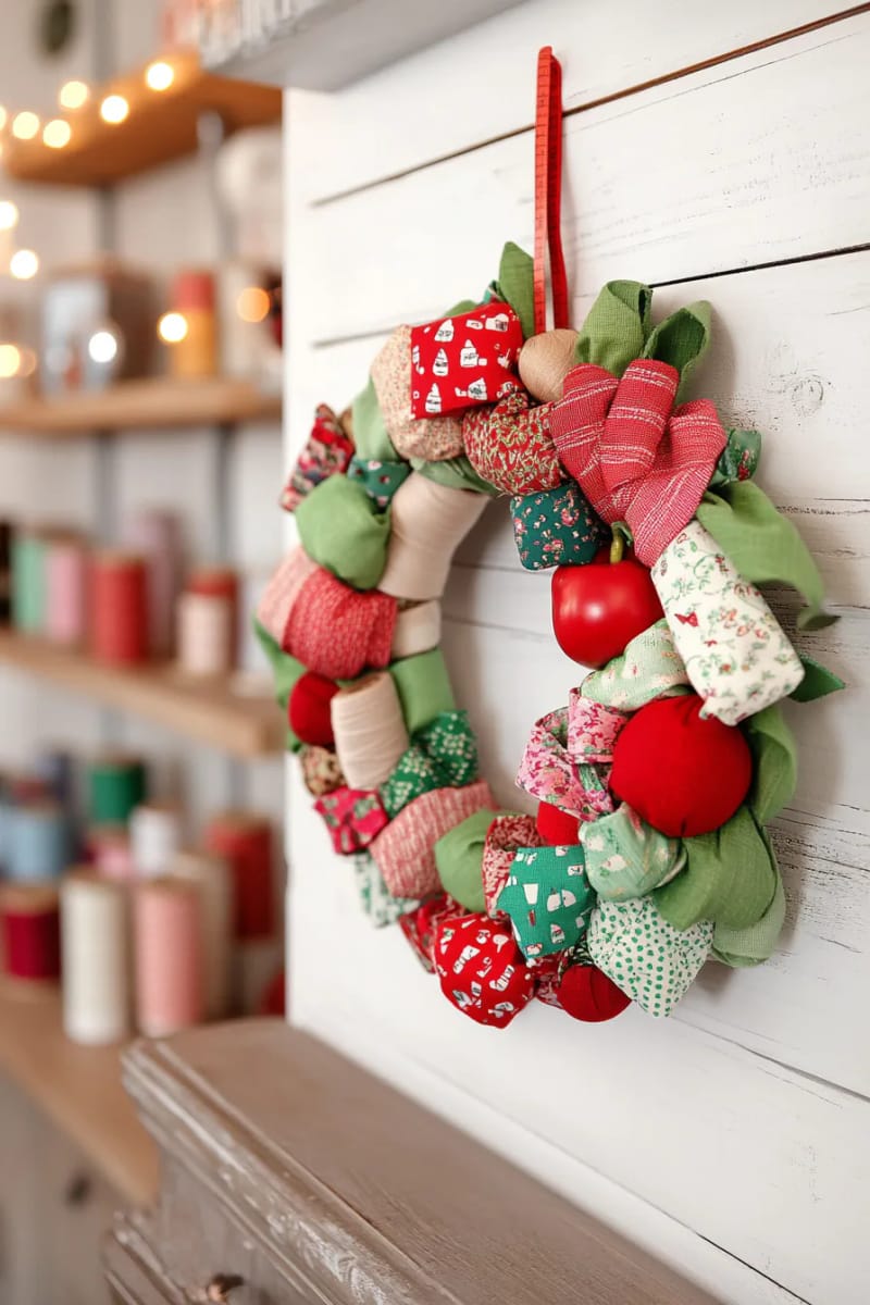 fabric scrap wreath adorned with thimbles and measuring tape bows 1