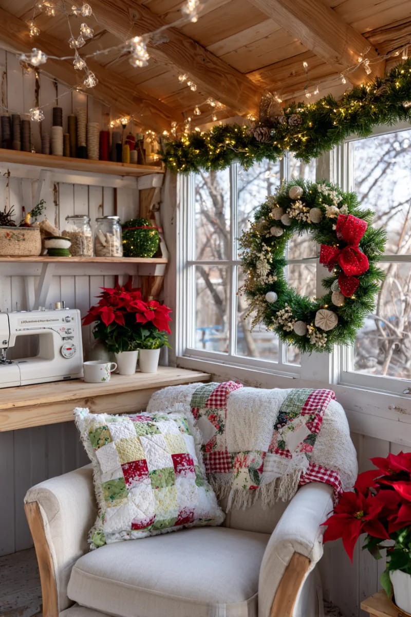 fabric scrap wreath adorned with thimbles and measuring tape bows 1