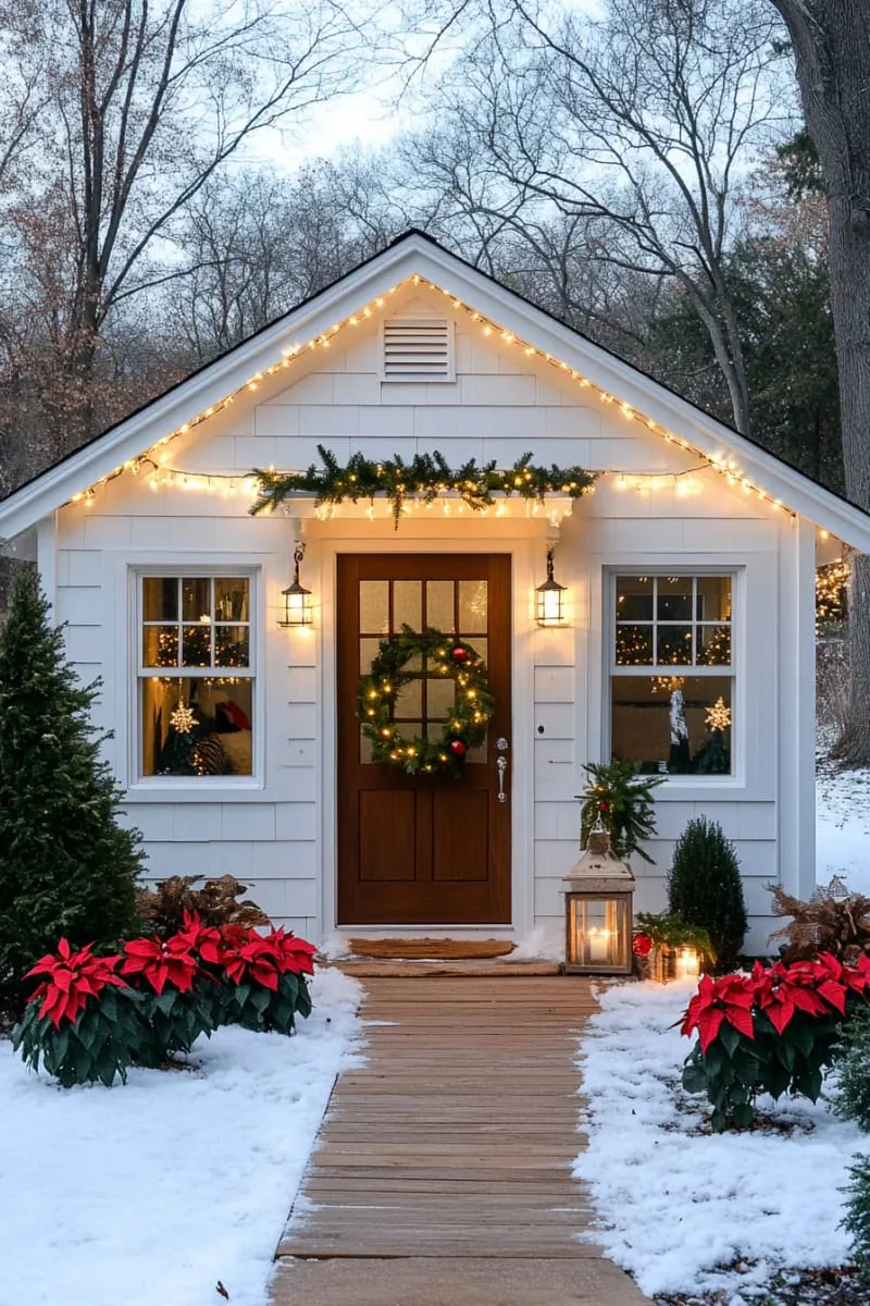 15 She Shed Christmas Decor Ideas For A Unique Winter Wonderland 7 fairy lights draped along roofline for a glowing winter cottage effect 1