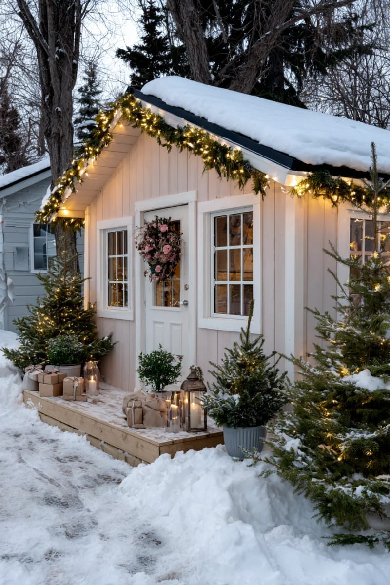 fairy lights draped along roofline for a glowing winter cottage effect 1