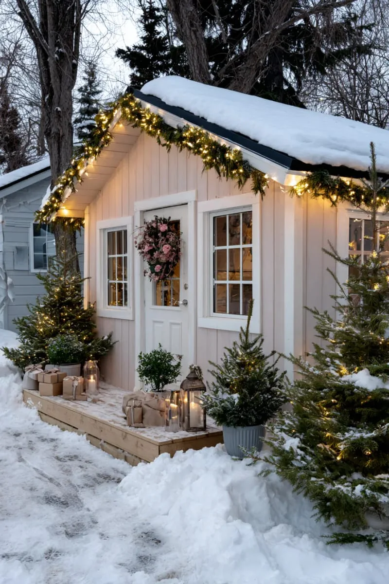 15 She Shed Christmas Decor Ideas For A Unique Winter Wonderland 8 fairy lights draped along roofline for a glowing winter cottage effect 1