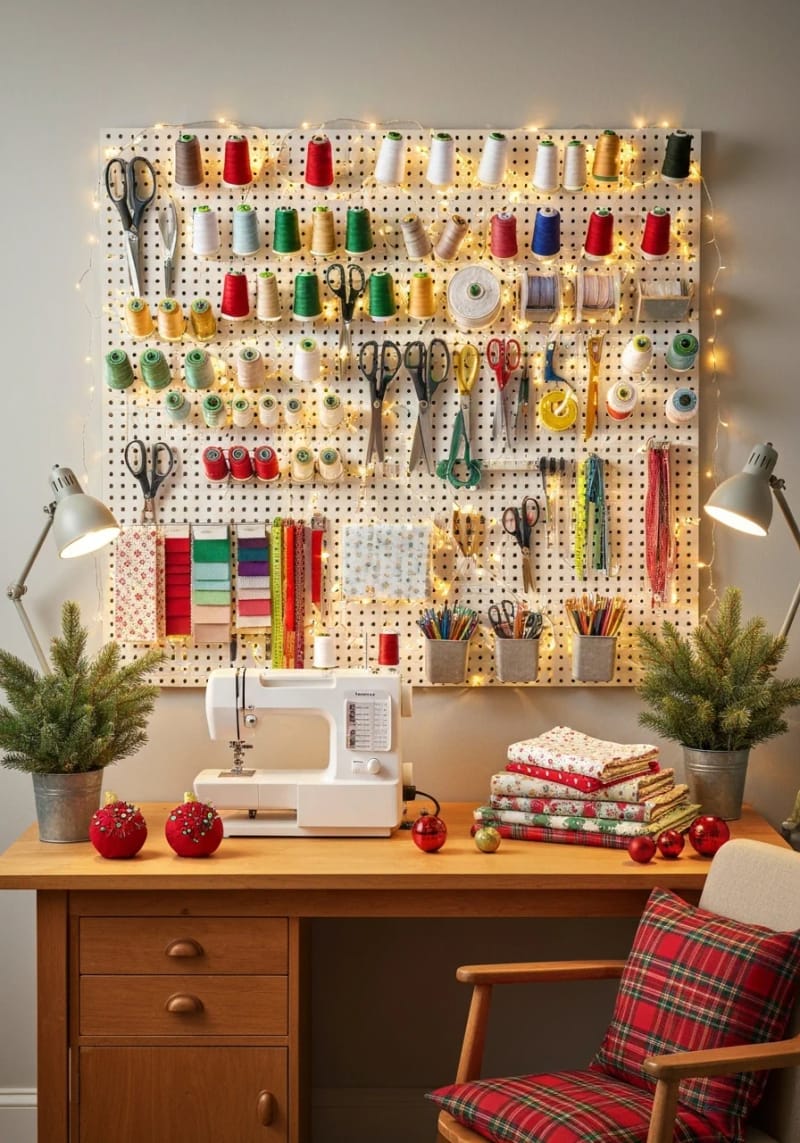 fairy lights woven through a pegboard filled with colorful sewing supplies 1