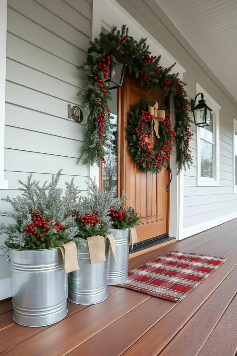farmhouse metal buckets with frosted greenery and cranberries 1