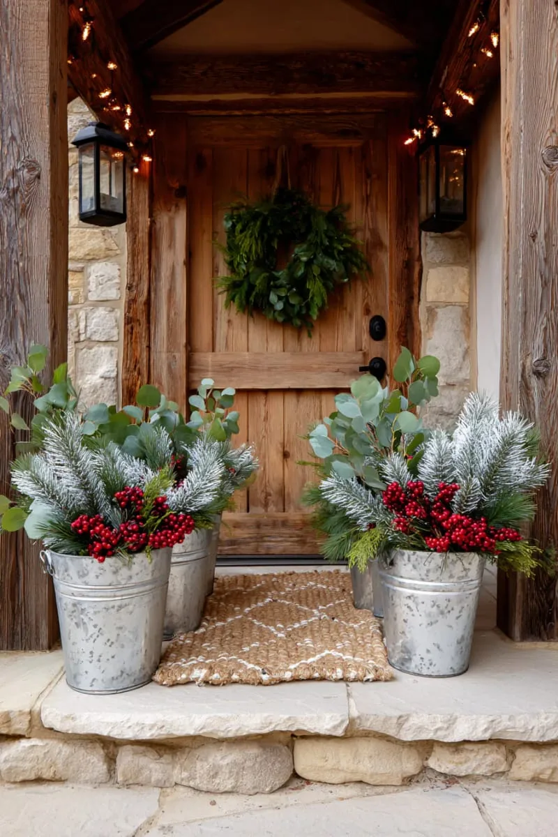 farmhouse metal buckets with frosted greenery and cranberries 1
