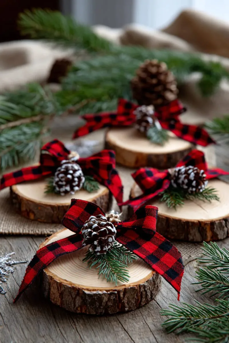 farmhouse-style wood disc ornaments with plaid ribbon and mini pinecones 1