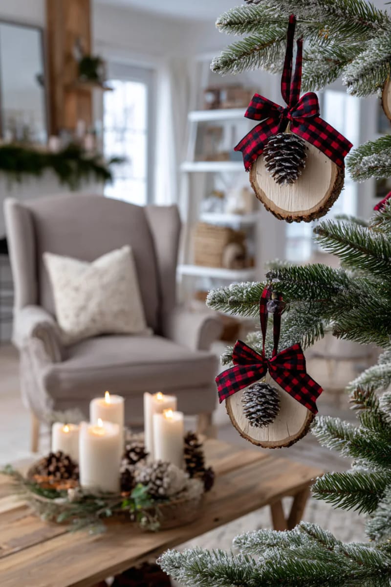21 Wooden Christmas Ornament Ideas for a Warm and Natural Holiday Decor 24 farmhouse-style wood disc ornaments with plaid ribbon and mini pinecones 1