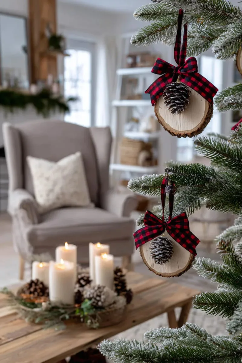 farmhouse-style wood disc ornaments with plaid ribbon and mini pinecones 1