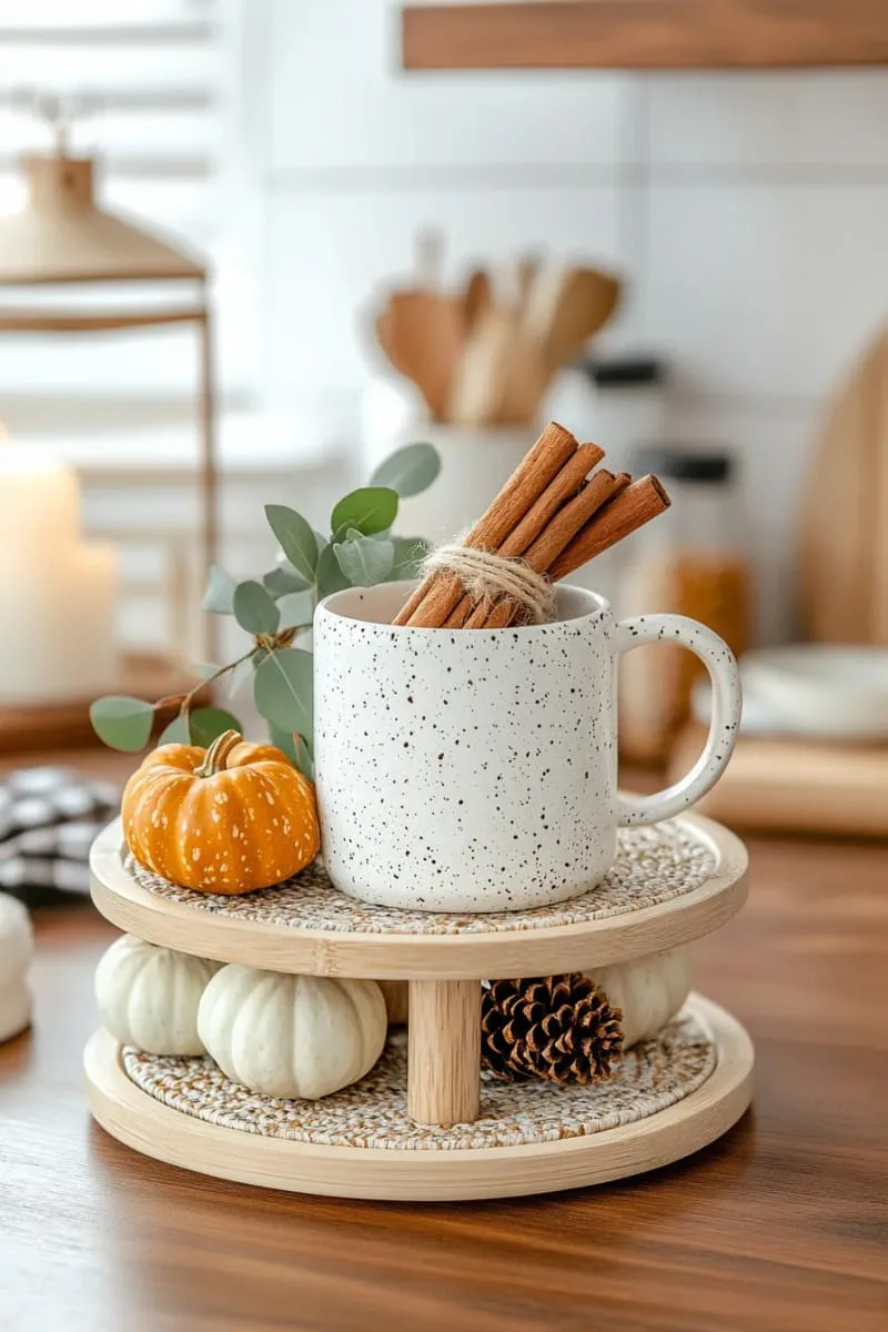 farmhouse tiered tray with mug, cinnamon sticks, and mini gourds 1