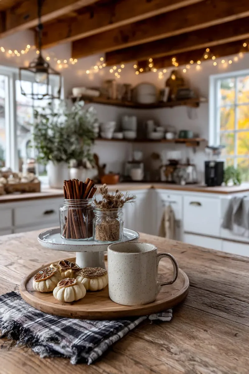 farmhouse tiered tray with mug, cinnamon sticks, and mini gourds 1