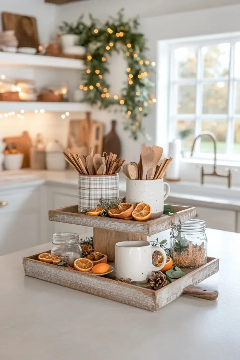 farmhouse tiered tray with mug, cinnamon sticks, and mini gourds 1