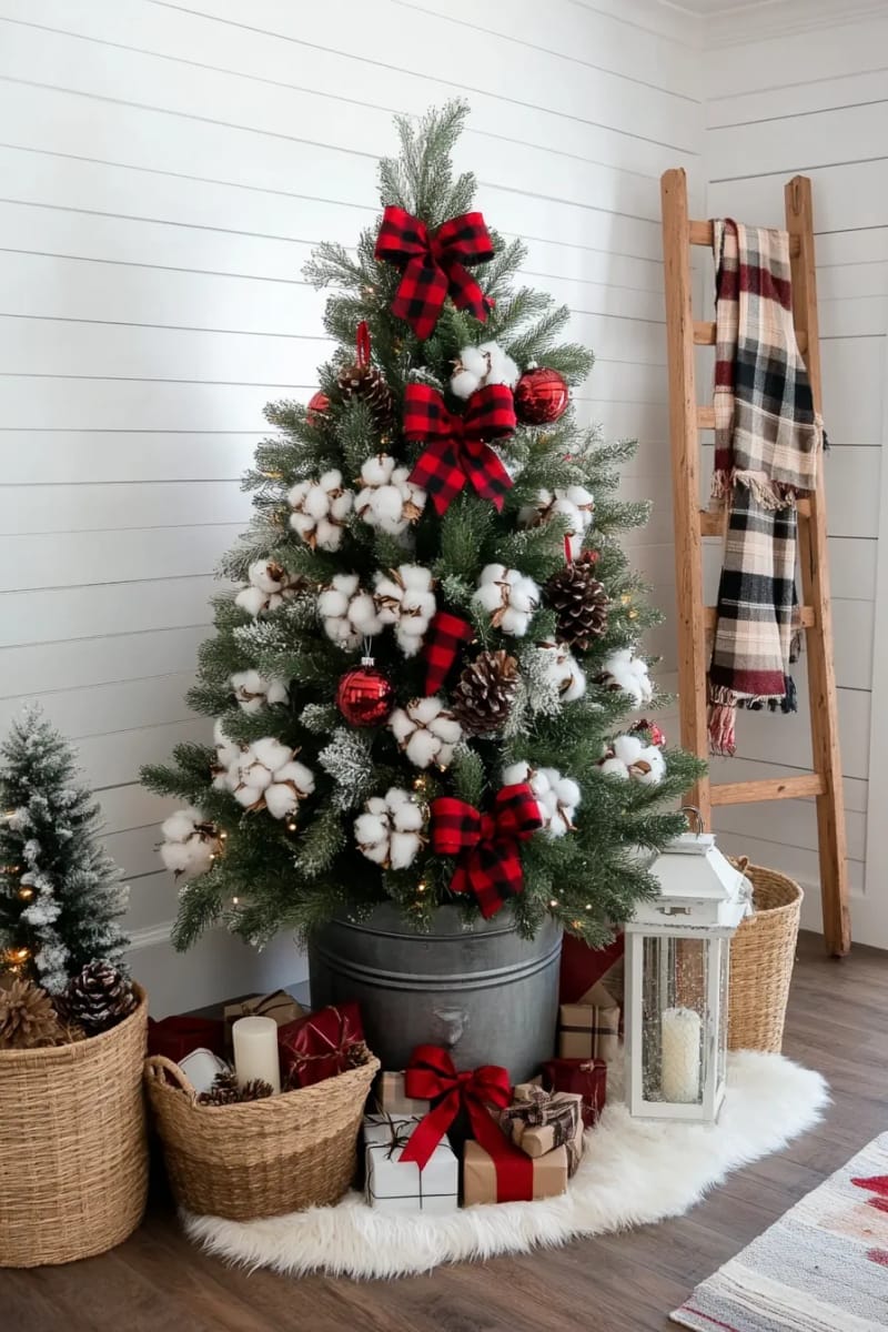 farmhouse vibe tree in a galvanized bucket with plaid ribbons and cotton stems 1