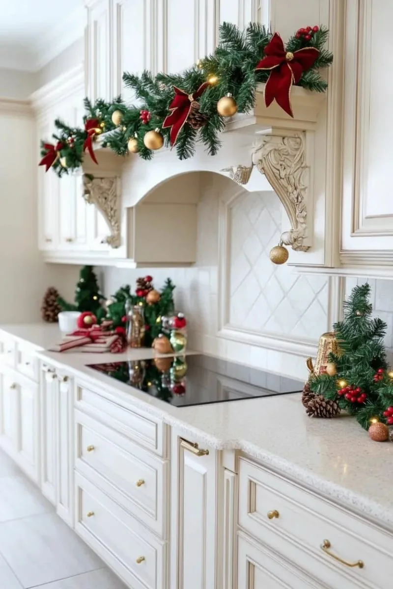 faux holly garlands with gold bells outlining cabinet edges 1
