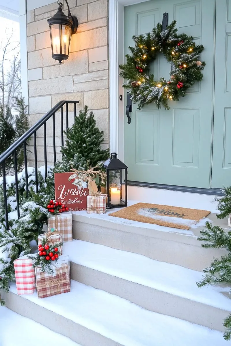 faux snow dusted over evergreen topiaries and steps 1
