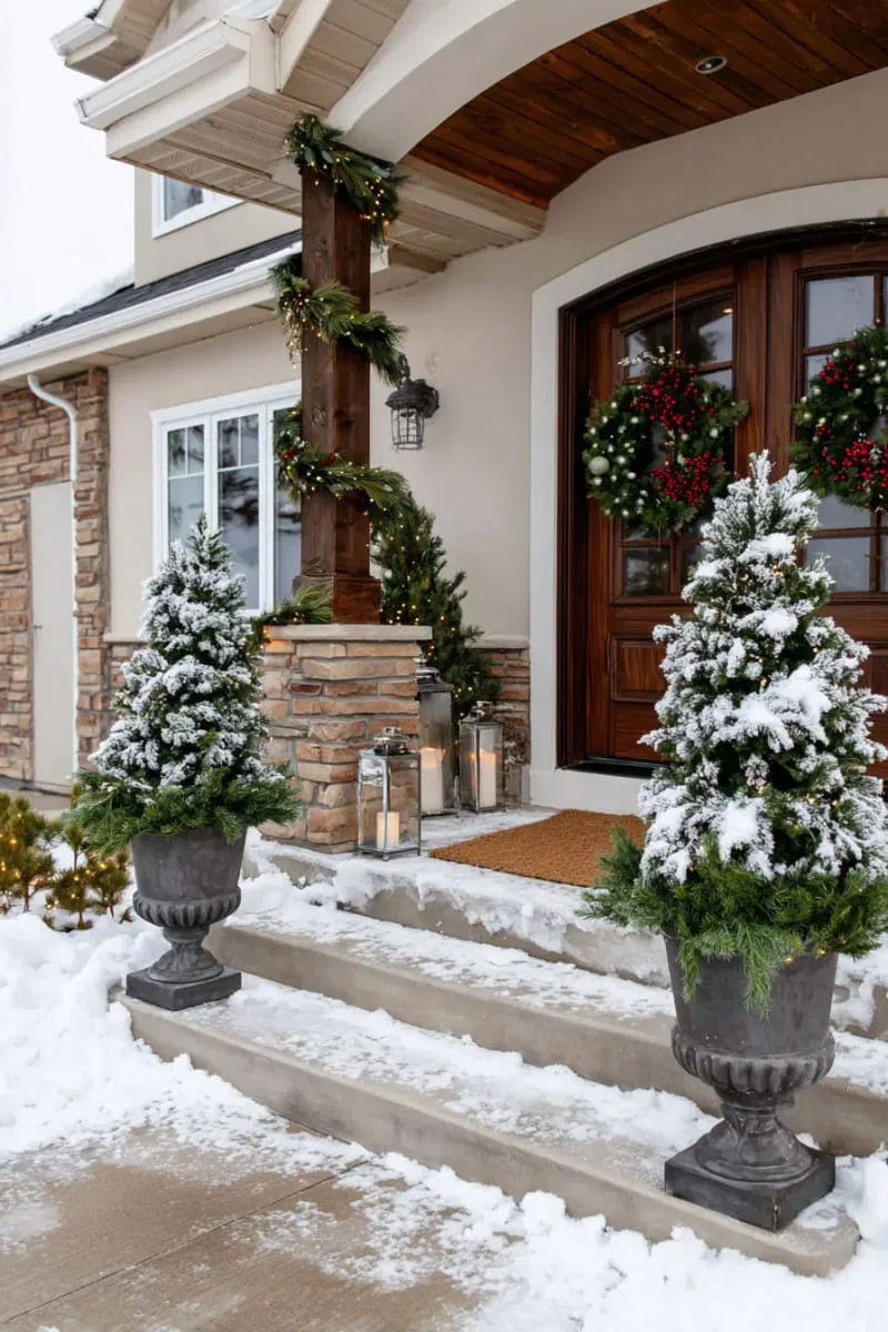 faux snow dusted over evergreen topiaries and steps 1