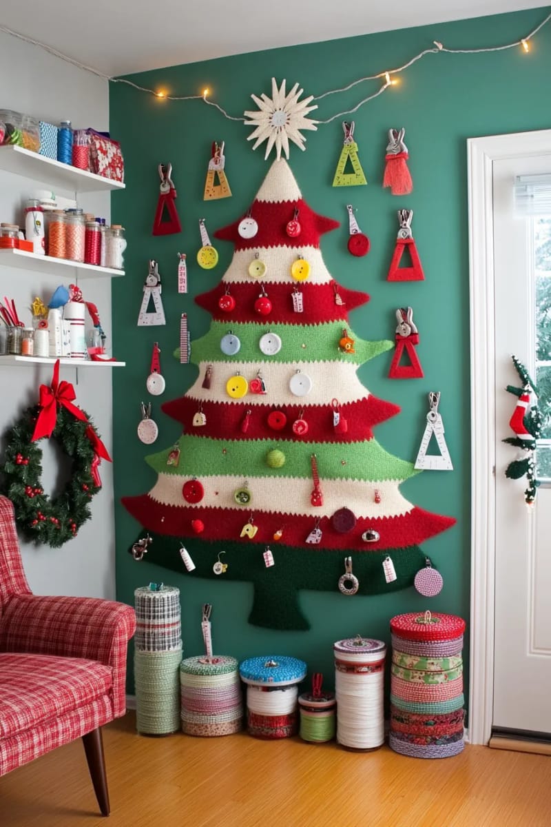 felt christmas tree wall hanging decorated with pins, bobbins, and tiny scissors 1