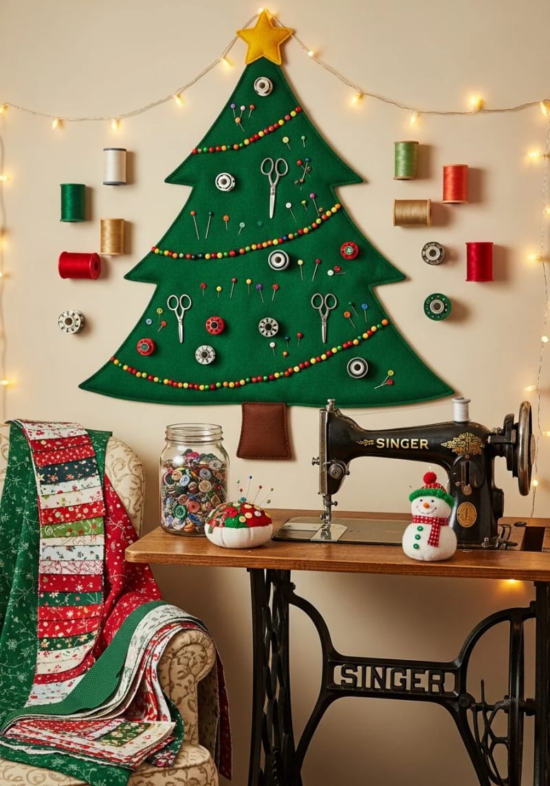 felt christmas tree wall hanging decorated with pins, bobbins, and tiny scissors 1
