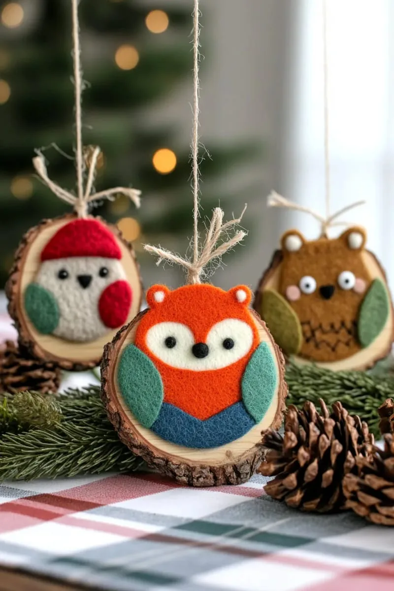 felted animal faces attached to rustic wood slices for playful kid-friendly decor 1