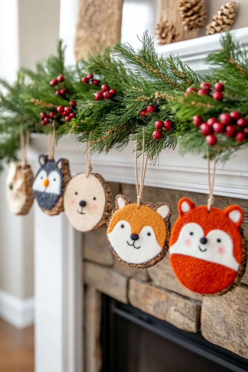 21 Wooden Christmas Ornament Ideas for a Warm and Natural Holiday Decor 26 felted animal faces attached to rustic wood slices for playful kid-friendly decor 1