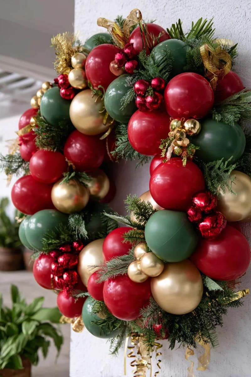 festive balloon wreath with red baubles, green foliage, and gold accents 1
