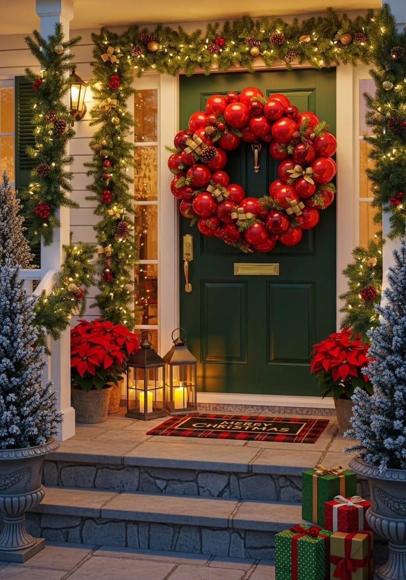 festive balloon wreath with red baubles, green foliage, and gold accents 1