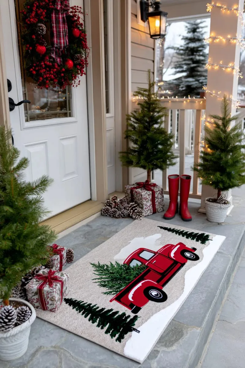 festive doormat with a vintage red truck and snowy trees 1