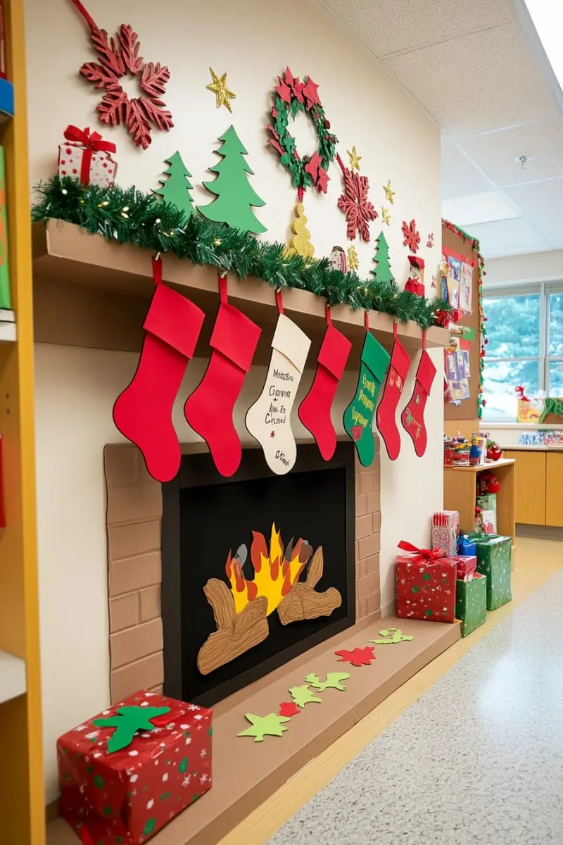 21 Festive Classroom Christmas Decor Ideas for a Joyful Season 19 festive fireplace bulletin board with stockings labeled for each student 1