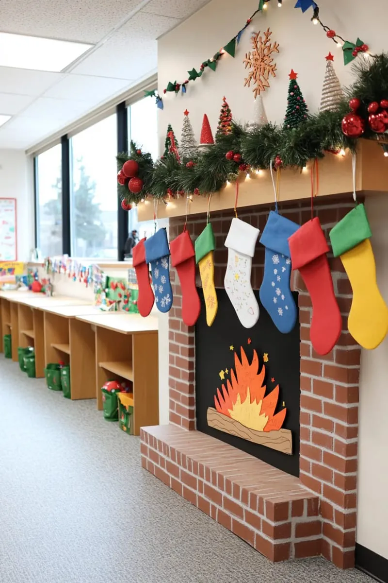 21 Festive Classroom Christmas Decor Ideas for a Joyful Season 20 festive fireplace bulletin board with stockings labeled for each student 1