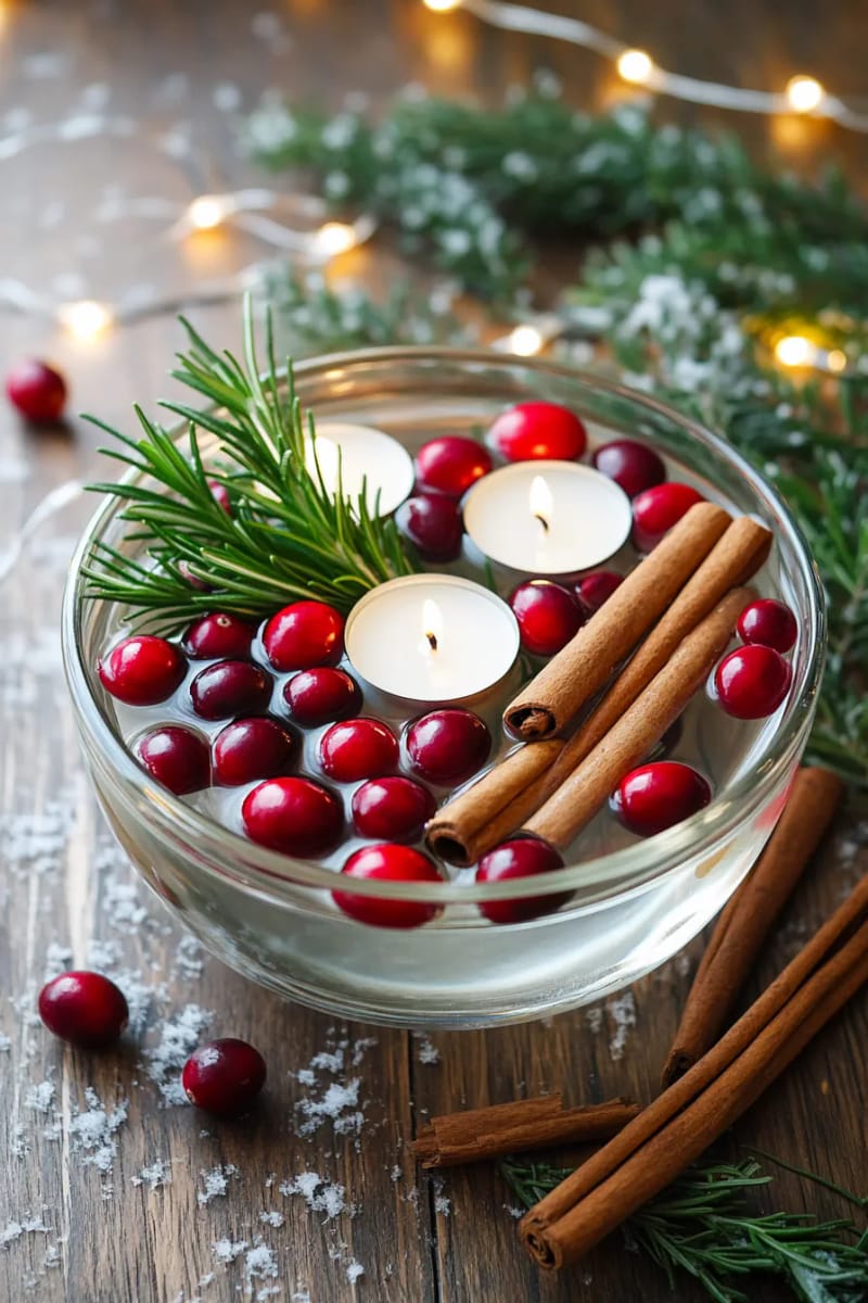 festive floating candles in a bowl with cinnamon sticks and cranberries 1