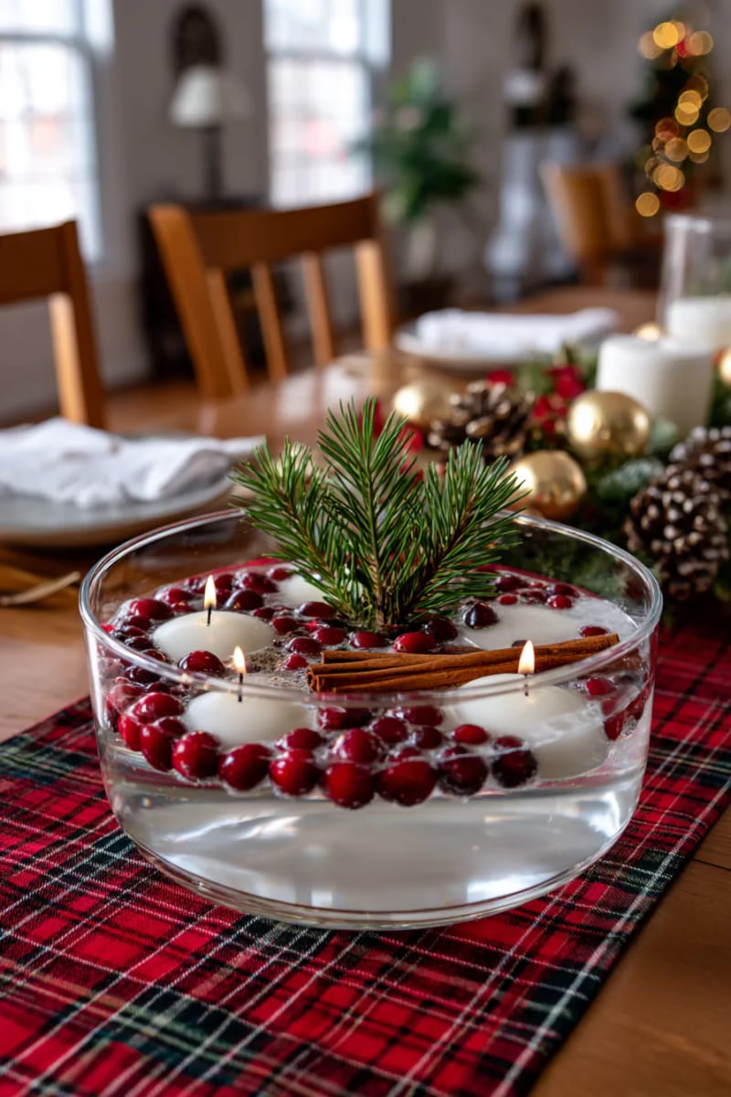 festive floating candles in a bowl with cinnamon sticks and cranberries 1