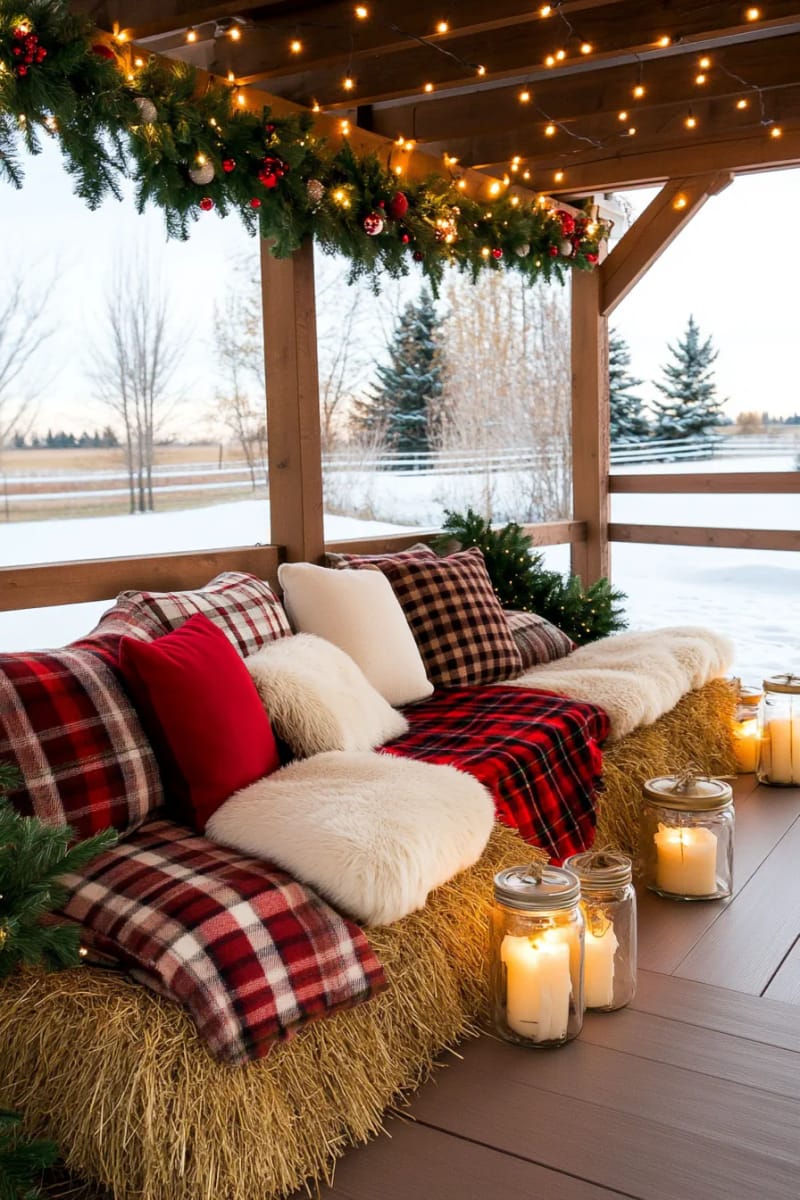 festive hay bale seating area with plaid blankets, evergreen sprigs, and candle jars 1