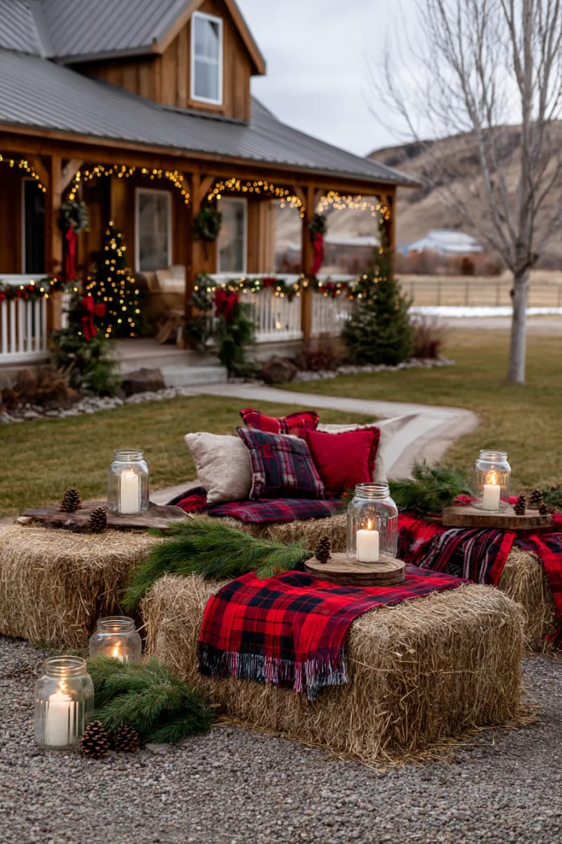 festive hay bale seating area with plaid blankets, evergreen sprigs, and candle jars 1