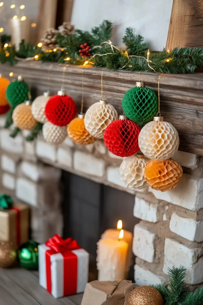festive honeycomb paper ball ornaments in bold red, green, and gold 1