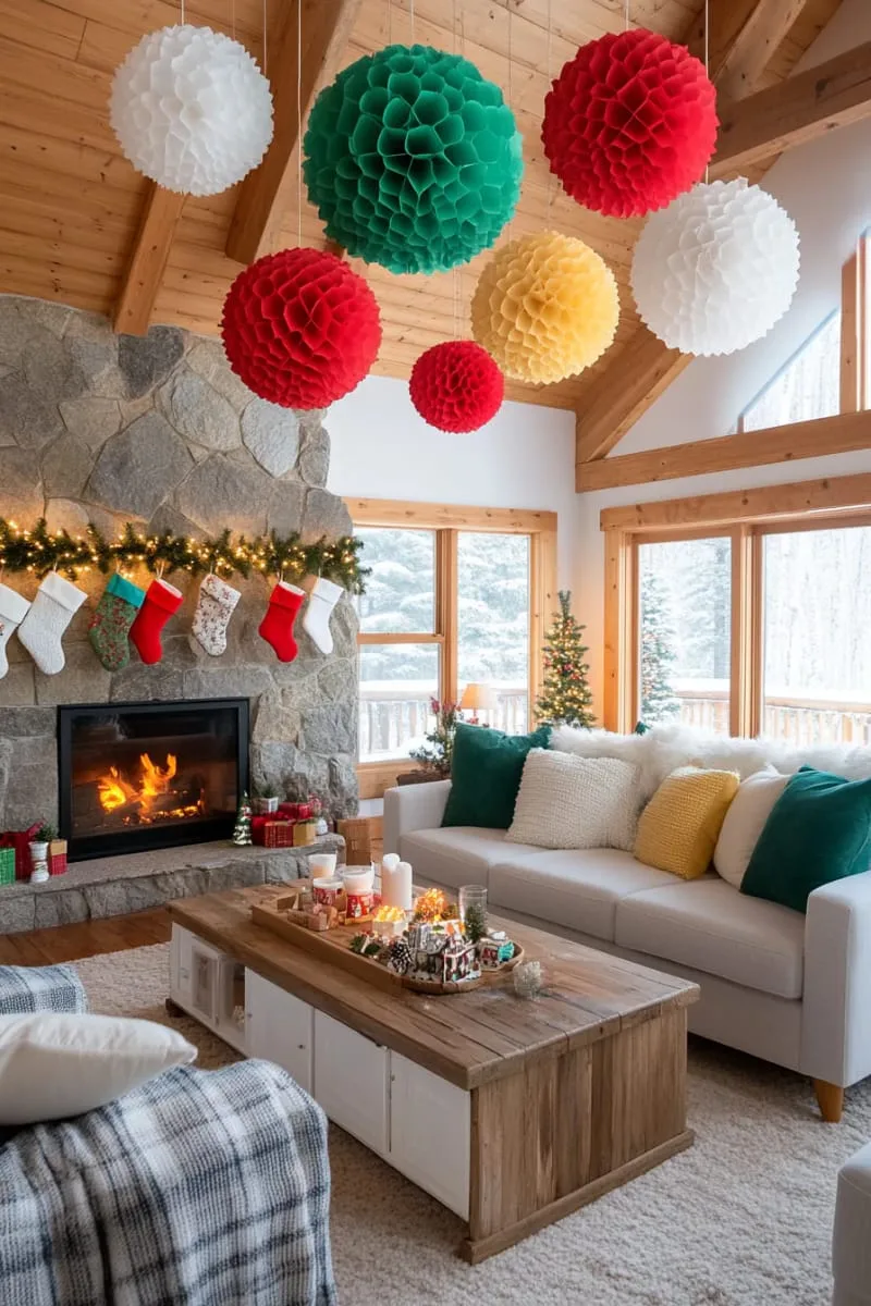 festive honeycomb paper ball ornaments in bold red, green, and gold 1