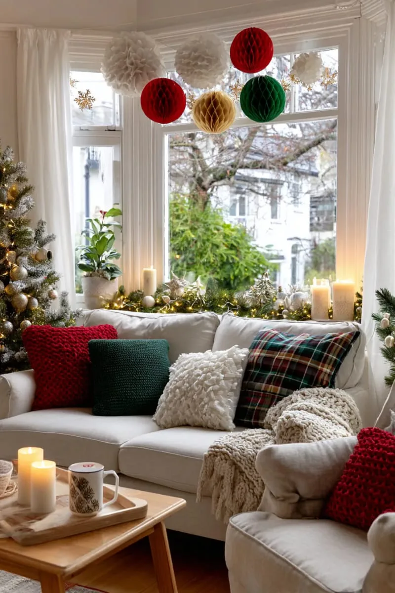 festive honeycomb paper ball ornaments in bold red, green, and gold 1