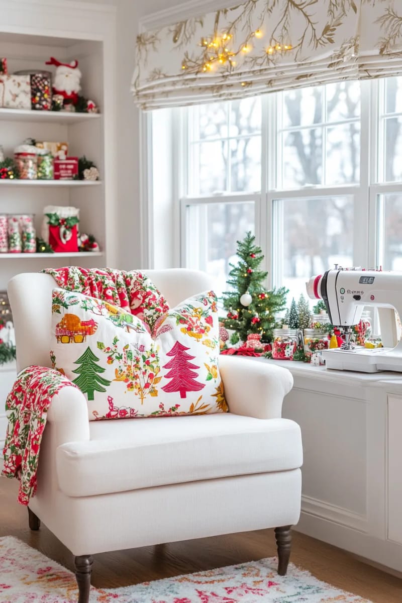 festive pillow covers sewn with appliqué trees and snowflakes 1