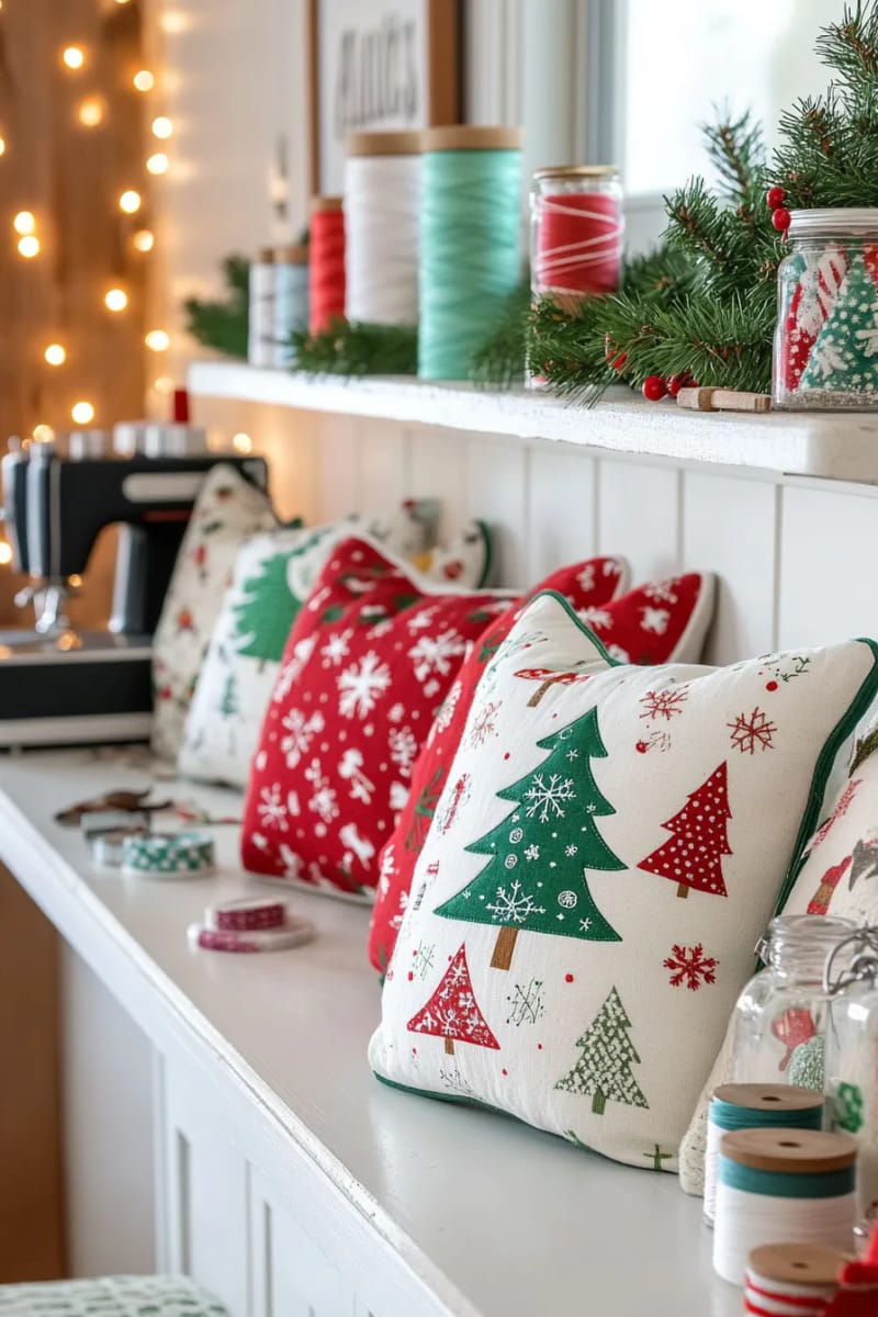 festive pillow covers sewn with appliqué trees and snowflakes 1