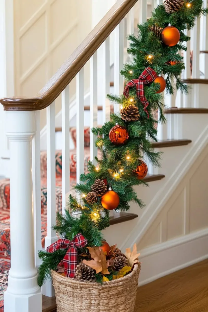 festive staircase garland mixing fir, orange ornaments, and plaid bows 1