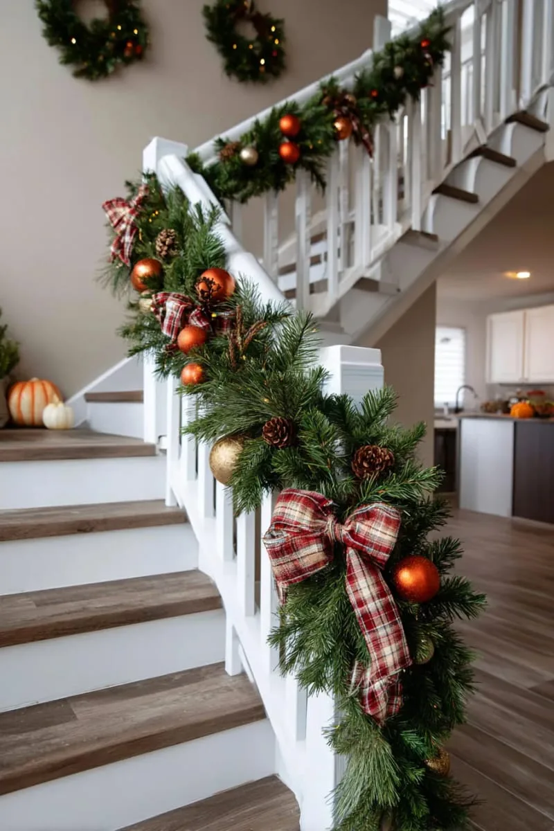 festive staircase garland mixing fir, orange ornaments, and plaid bows 1