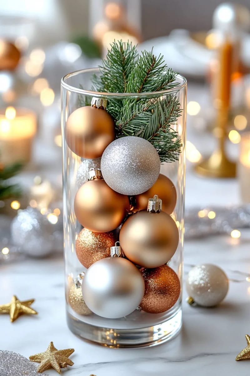 fill clear hurricane vases with mixed metal ball ornaments and greenery. 1