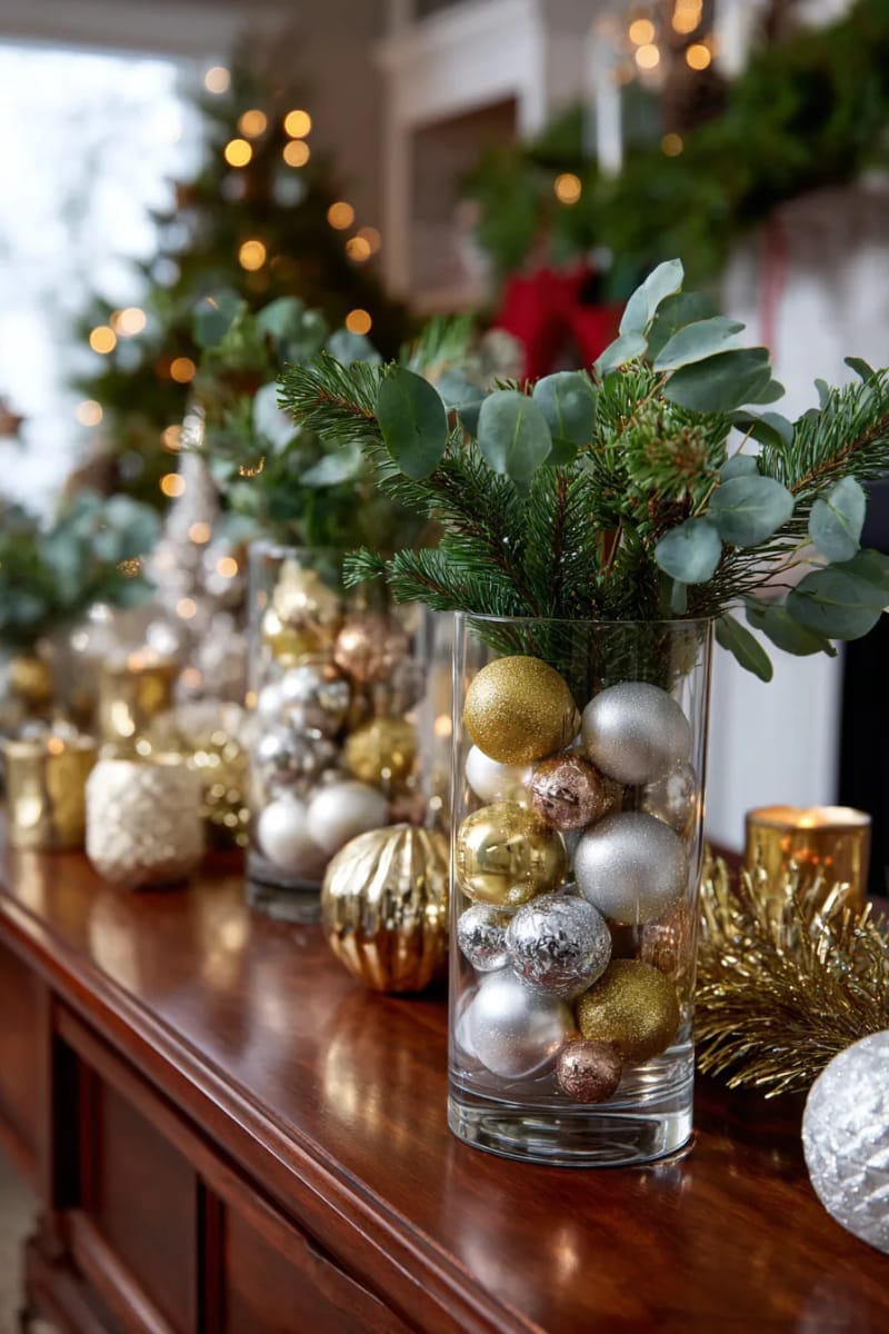 fill clear hurricane vases with mixed metal ball ornaments and greenery. 1