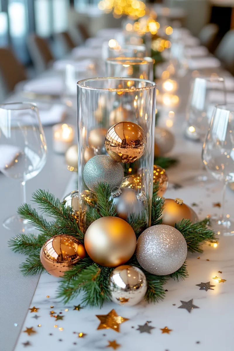 fill clear hurricane vases with mixed metal ball ornaments and greenery. 1