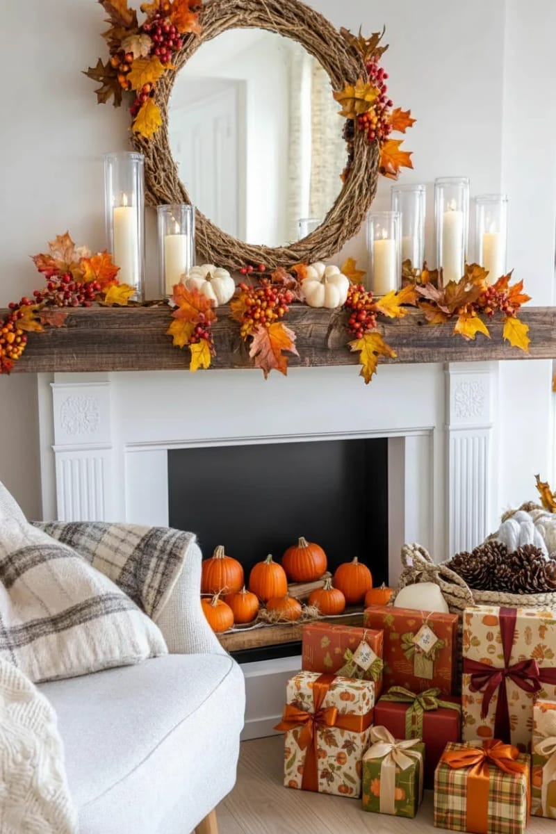 fireplace mantel draped with garlands of maple leaves and orange berries 1