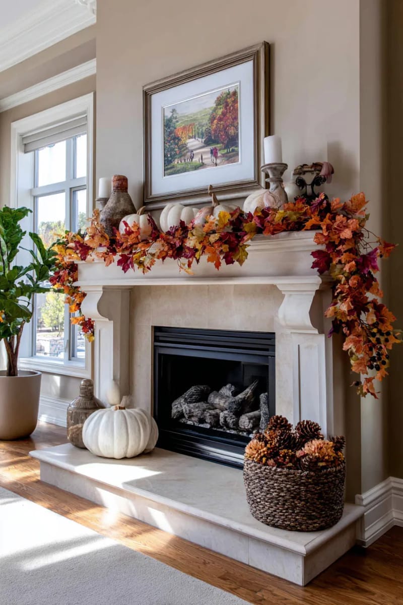 fireplace mantel draped with garlands of maple leaves and orange berries 1